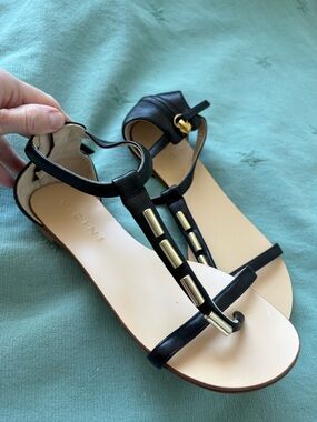 VICINI Black T-Strap Leather Sandals with Gold Accents